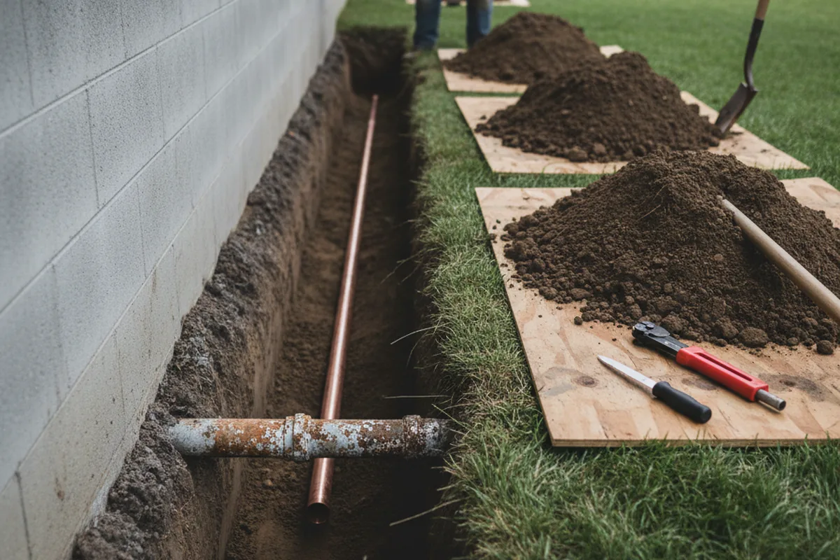 Excavated water line trench during Sewer Line Repair in New Hope